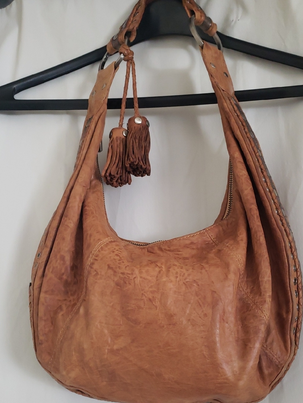 Junior Drake Tan Leather Shoulder Bag with Tassels